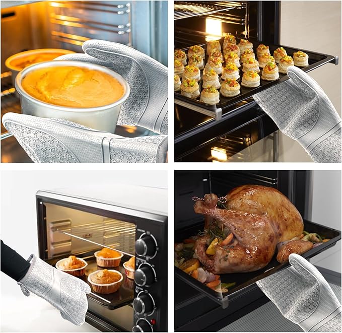 Hovico Silicone Oven Mitts, Heat Resistant 500F Kitchen Mitts 2PCS, 11.6" BPA-Free Soft Baking Gloves, Non-Slip Grip Oven Gloves with Soft Cotton Lining for Kitchen Cooking Baking BBQ - Gray
