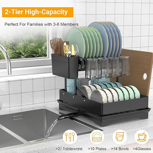 Large Dish Drying Rack 2 Tier for Kitchen Counter, Anti-Rust Metal Dish Rack with Lock & Lift System & Retractable Auto-Drain Spout, Escurridor de Platos with Cutting Board and Utensil Holder