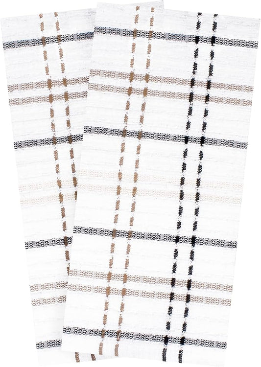 Ritz Royale Collection 100% Combed Terry Cotton, Highly Absorbent, Oversized Checked Kitchen Towel Set, 28" x 18", 2-Pack, Latte Brown