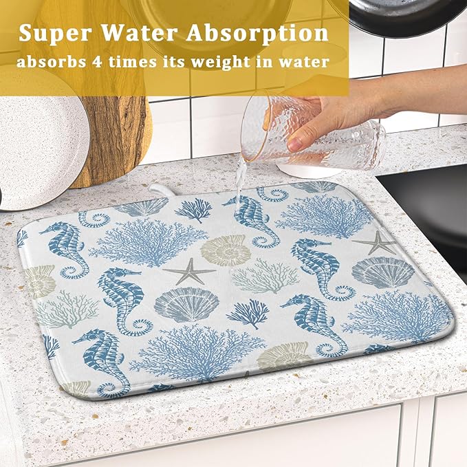 Blue Coral Dish Drying Pad 18 x 24 Inch With Absorbent Reversible Microfiber Coastal Starfish Seashell Summer Drying Mats Dish Drainer Mat Fast Dry For Kitchen Dining Room Decoration