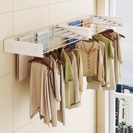 LIENAHU Upgrade Drying Rack Clothing,Clothes Drying Rack Wall Mounted,Laundry Drying Rack Wall Mount,Foldable,Collapsible,Retractable,6 Aluminium Poles,with Hooks,(White 35.5"