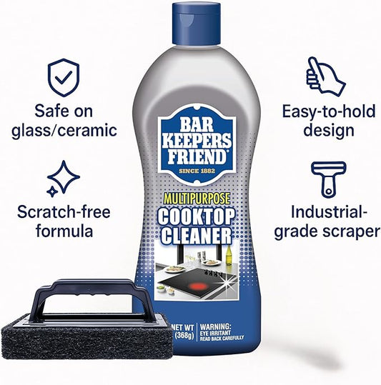Glass StoveTop Cleaner For Electric Stove Flat Top. Kit Includes Cleaner Liquid, Scraper Tool, & Scrub Brush For Streak-Free Ceramic, Gas, & Induction Stove. Removes Grease, & Oil Stains (13 Items)