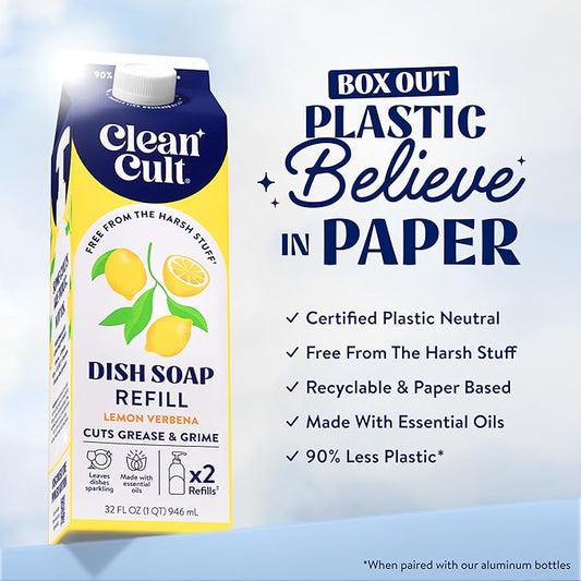 Cleancult Dish Soap Liquid Refills - Plant Based Cleaning Power - Cuts Grease & Grime - Free of Harsh Chemicals - Uses 90% Less Plastic - Lemon Verbena - 32 oz/3 Pack