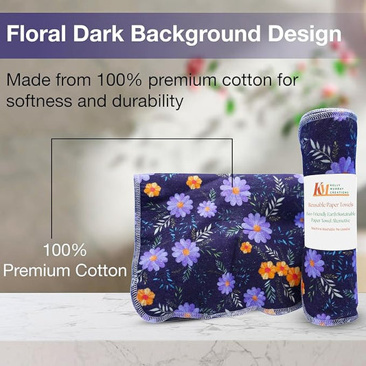 Pack of 10 Reusable Paper Towels | 10x10 Inch Cotton Towels | Kitchen Utensils Print | Eco Friendly, Washable, Quick Drying | Sustainable Cleaning Cloths | Floral Dark
