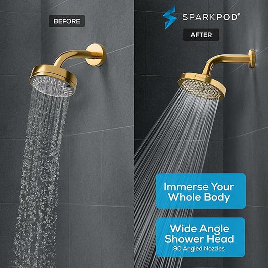 SparkPod Shower Head - High Pressure Rain - Premium Quality Luxury Design - Easy Clean Adjustable Replacement for Your Bathroom Shower Heads (Egyptian Gold, 6 Inch Round)
