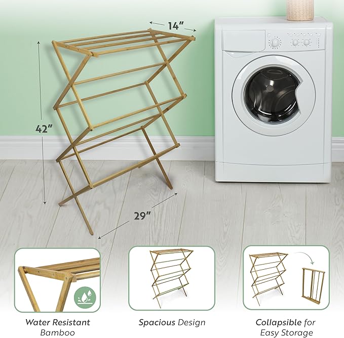 BROOKSTONE, Eco-Friendly Bamboo Drying Rack, Collapsible Laundry Clothes Hanger, 10 Hanging Bars, Minimalist Space Saving Design
