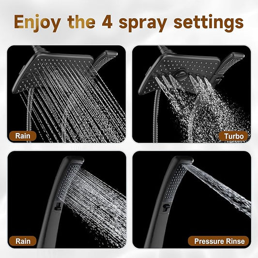 BRIGHT SHOWERS High Pressure Dual Shower Head Combo with Rainfall & Handheld, 4 Spray Settings, Tool-Free Installation, 60" Stainless Steel Hose, Matte Black