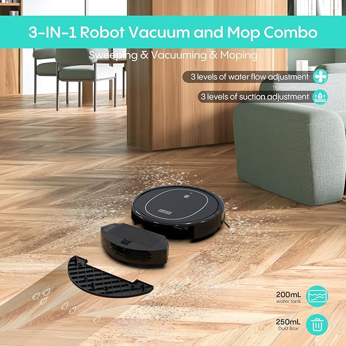 3-in-1 Robot Vacuum and Mop 4000Pa Vacuum Robot & WiFi/App/Remote/Alexa & Central Brush & Scheduled & Auto-Recharge Cleaning Robotic Vacuums Cleaner for Home Pet Hair, Hardfloors, Carpet