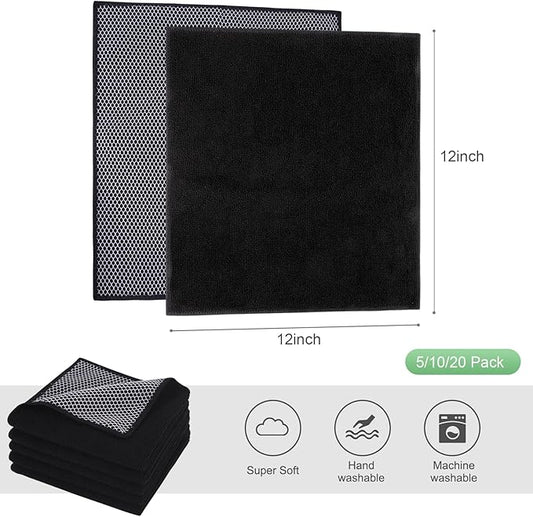 SINLAND Microfiber Dish Cloth Kitchen Cleaning Dish Towel Absorbent Fast Dry Streak Free Cleaning Cloths Poly Scour Side for House, Kitchen 12 Inch x 12 Inch 20 Pack Black