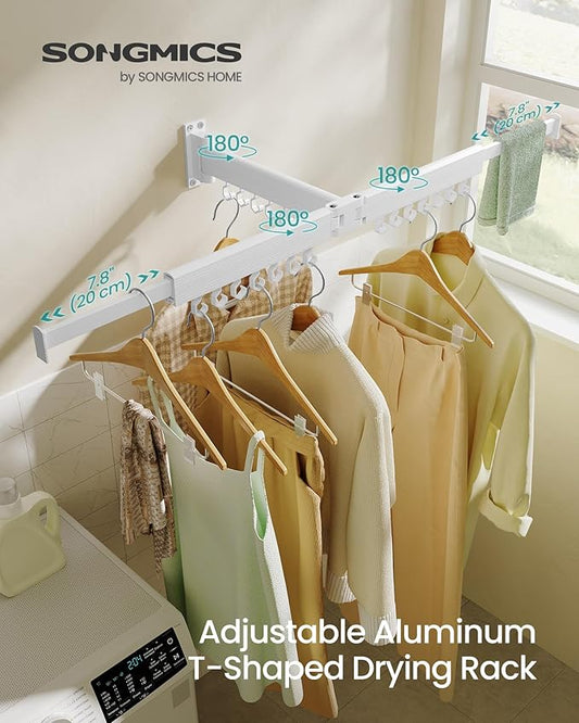 SONGMICS Clothes Drying Rack, Wall-Mounted Laundry Drying Rack, Extendable, Foldable Arms, with 21 Swivel Sliding Hooks, Space-Saving, for Laundry Room, Bathroom, Cloud White ULLR807W01