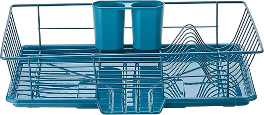 Sweet Home Collection 3 Piece Dish Drainer Rack Set with Drying Board and Utensil Holder, 12" x 19" x 5", Teal(Pack of 1)