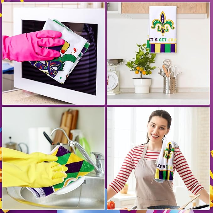 Zubebe 6 Pieces Mardi Gras Kitchen Towels 18 x 28 Inches Print Dish Farmhouse Towel Happy Mardi Gras Hand Towels for Carnival Cooking Baking Home Cleaning Wipes