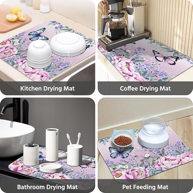 Dish Drying Mat for Kitchen Counter 16x18 Inch, Super Absorbent Dish Drainer Mat, Decorative Microfiber Dishes Drying Pad-Small(Purple Butterfly)