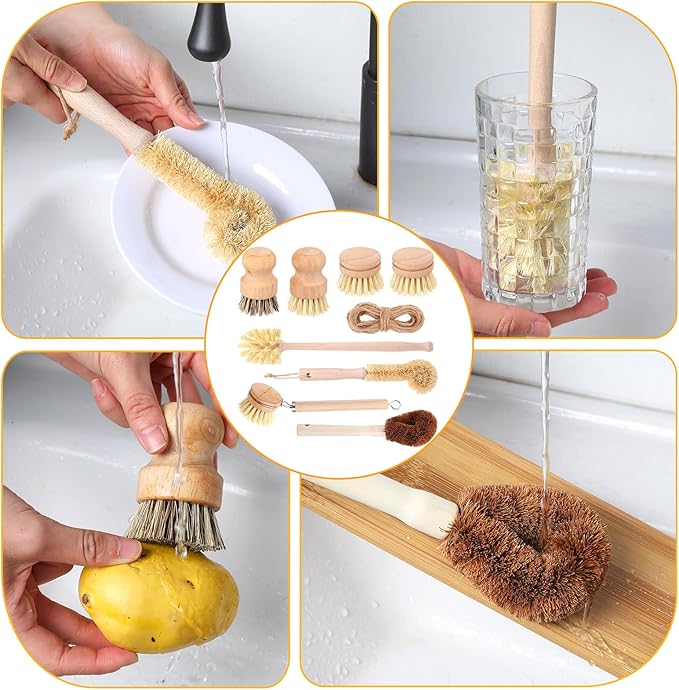 8 Pcs Bamboo Dish Brush Dish Washing Scrub Bottle Brushes Wooden Palm Pot Brush Cleaning Scrubbers with Natural Sisal Bristles Long Handle for Pots Pans, Vegetables, Household Cleaning