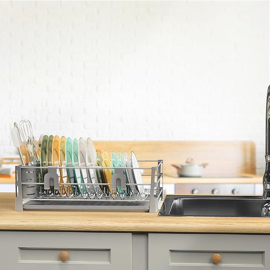 Simple Houseware Dish Drying Rack with Drainboard, Utensil Holder & Mug Hooks, Silver Metal Kitchen Counter Organizer