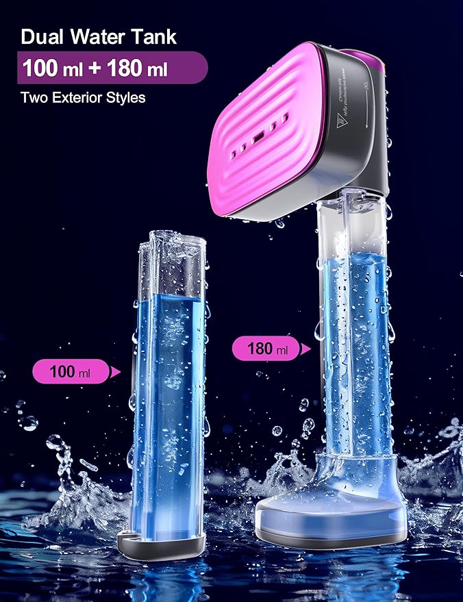 Travel Steamer for Clothes, with 2 Water Tanks (180 ml and 100 ml), Fast Heating, 24g/min Strong Steam, Mini Clothes irons LED Touch Display Dry Ironing, 1200W Portable Steamer & Iron 2 In 1