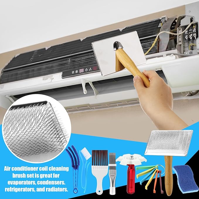 8 Pcs Air Conditioning Fin Cleaner Set HVAC Coil Cleaning Brush Condenser Fin Straightener Evaporator Coil Cleaner AC Comb Condenser Split Cleaning Kit Fridge Radiator Tool(Wood,Bamboo)