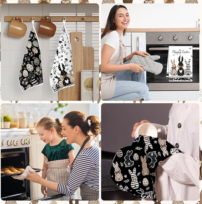Happy Easter Kitchen Towels, Bunny Eggs Dish Towels Gifts for Cooking Cleaning Set of 4, Farmhouse Spring Rabbits Hand Towels for Bathroom Home Decor
