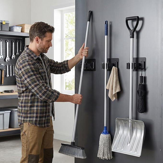4pcs Magnetic Broom Holder Wall Mount, 12.13lbs Heavy Duty Mop and Broom Organizer, No Drill Tool Gripper for Garage Home Office Tool Organizer, RV & Living Room Essential (Black)