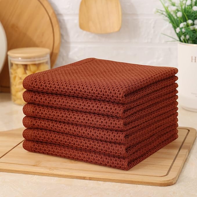 Kitinjoy 100% Cotton Kitchen Dish Cloths (12 X 12 Inches, Rust), 6 Pack Waffle Weave Ultra Soft Absorbent Dish Towels for Drying Dishes Quick Drying Kitchen Towels Dish Rags