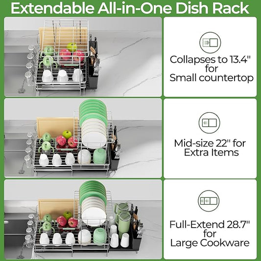 Large 2 Tier Dish Drying Rack, Extendable Dish Rack, Stainless Steel Anti-Rust Dish Rack for Kitchen Counter, Multifunctional Dish Drainer with Utensil & Cup Holder, 13.4"-28.7" L x 11.8" W