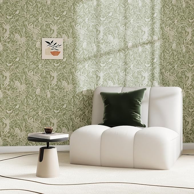 Vinjiasin Boho Safari Animal Wallpaper, Green Neutral Tone Jungle Leopard Zebra Bird Peel and Stick Wallpaper,Waterproof Contact Paper for Nursery Bedroom Living Room Home Decor 17.7" x 78.7"