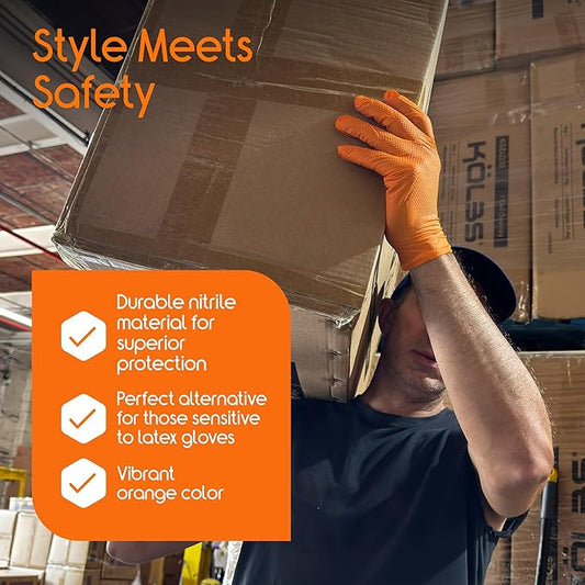 Inspire Heavy Duty Orange Nitrile Gloves | ULTRA 8 Mil Diamond Textured Grip | Industrial Mechanic Disposable Cleaning Gloves