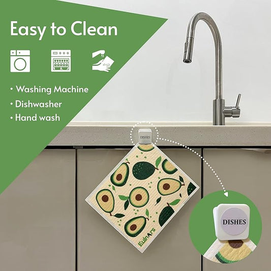 Swedish Dishcloths for Kitchen, 8 Pack Reusable Paper Towels with Clips, Non-Scratch Swedish Kitchen Towels, Super Absorbent Cellulose Sponge Cloths, Dishwasher Safe, No Odor