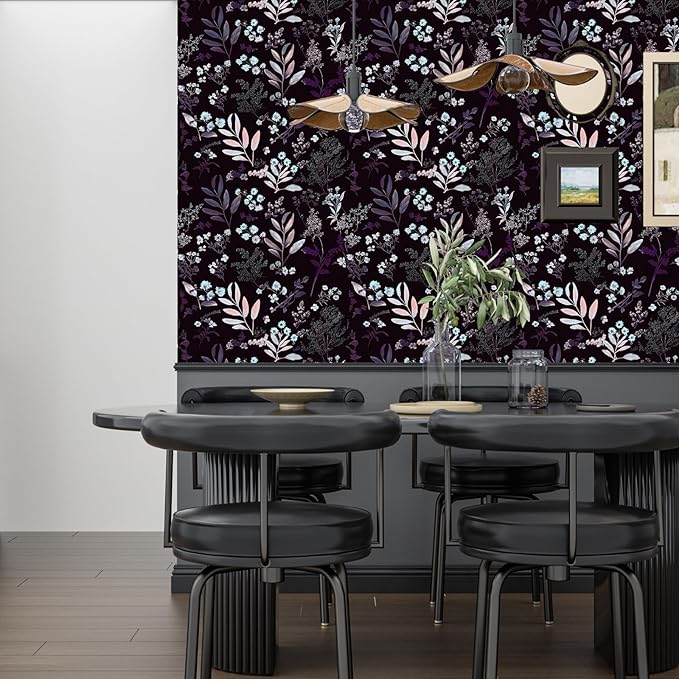 Laatse Vintage Purple Wallpaper Peel and Stick Dark Floral Wallpaper 17.5'' x 118'' Purple Leaf Contact Paper Vinyl Waterproof Self Adhesive Boho Botanical Wall Paper for Bedroom Cabinet Décor