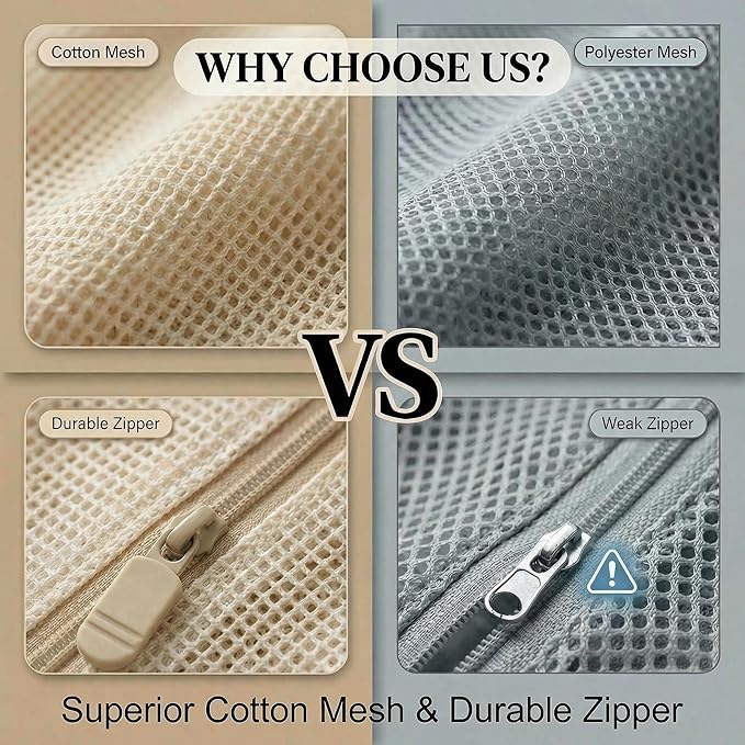 4-Piece Mesh Laundry Bags for Delicates - Premium Cotton, No Dye, Delicate Protection for Bras, Underwear, Socks & Kids Clothes with Sturdy Zippers