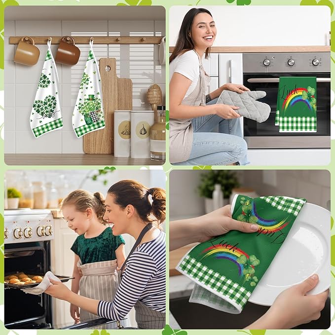 St. Patrick's Days Kitchen Towels Set of 4, Lucky Shamrock Dish Towels Gifts for Cooking Cleaning, Spring Hand Towels with Hanging Loop for Kitchen Bathroom Home Decor