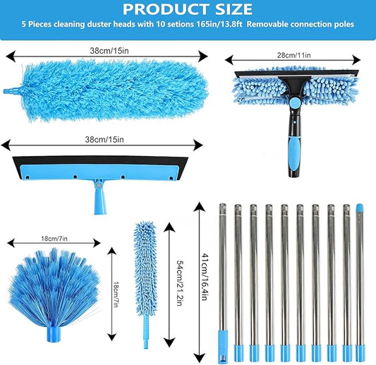 High Reach Duster Kit with14 ft Extension Pole High Ceiling Dusting and Window Cleaning Kit with Spliceable Pole - Cobweb Duster, Fan Blade, Window Washer & Squeegee and Feather Dusters