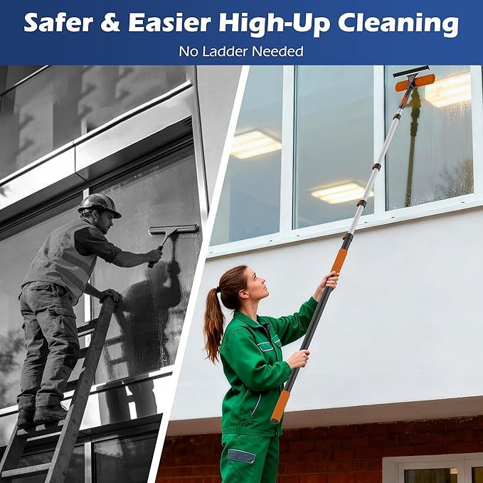 26FT High Reach Duster Kits with 5-20FT Extension Pole, Cobweb Duster with Telescoping Pole, Washable Ceiling Fan Cleaner & Window Squeegee for Glass Surfaces & High Roof