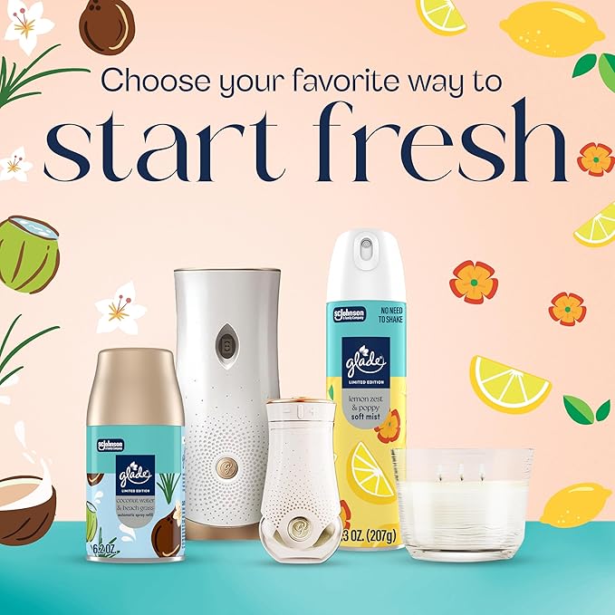 Glade PlugIns Refills Air Freshener, Coconut Water & Beach Grass and Lemon Zest & Poppy, Scented and Essential Oils for Home and Bathroom, 0.67 Fl Oz, 5 Count
