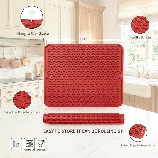 MicoYang Silicone Dish Drying Mat for Multiple Usage,Easy clean,Eco-friendly,Heat-resistant Silicone Mat for Kitchen Counter or Sink,Refrigerator or drawer liner Red L 16 inches x 12 inches