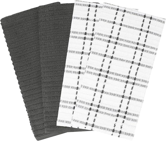 Ritz Royale Collection 100% Combed Terry Cotton, Highly Absorbent, Kitchen Towel Set, 13-3/4" x 12", 4-Pack, Solid & Checked, Graphite