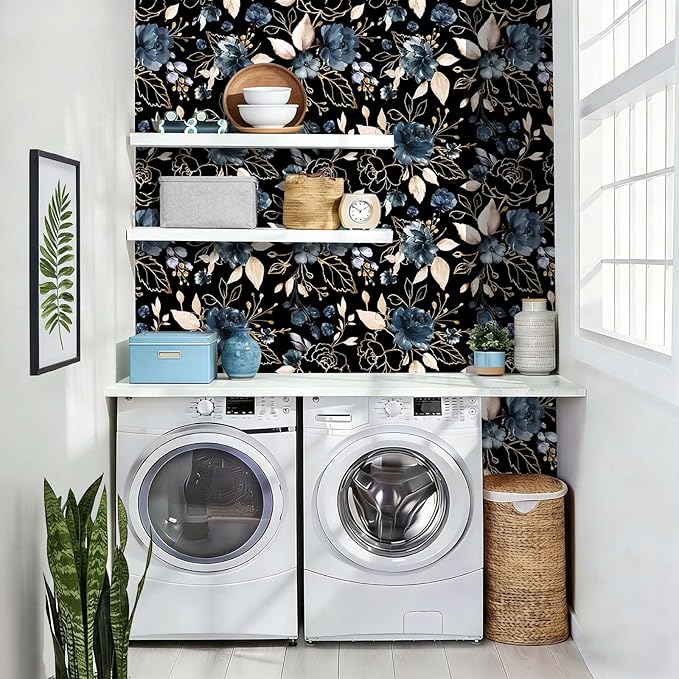 Black and Gold Floral Peel and Stick Wallpaper Self Adhesive Removable Thick Modern Dark Botanical Watercolor Navy Blue Flower Accent Wall for Bedroom Bathroom Renter Friendly 17.7"x118"