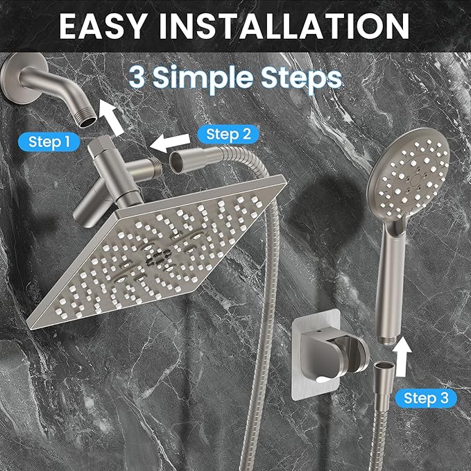 Veken High Pressure Rain Shower Head with Multi-Functions, Square Rainfall Shower Heads with 5-Mode Handheld Spray Combo, Detachable Hand Held Showerhead with Hose, Double Regaderas Para,Starlight