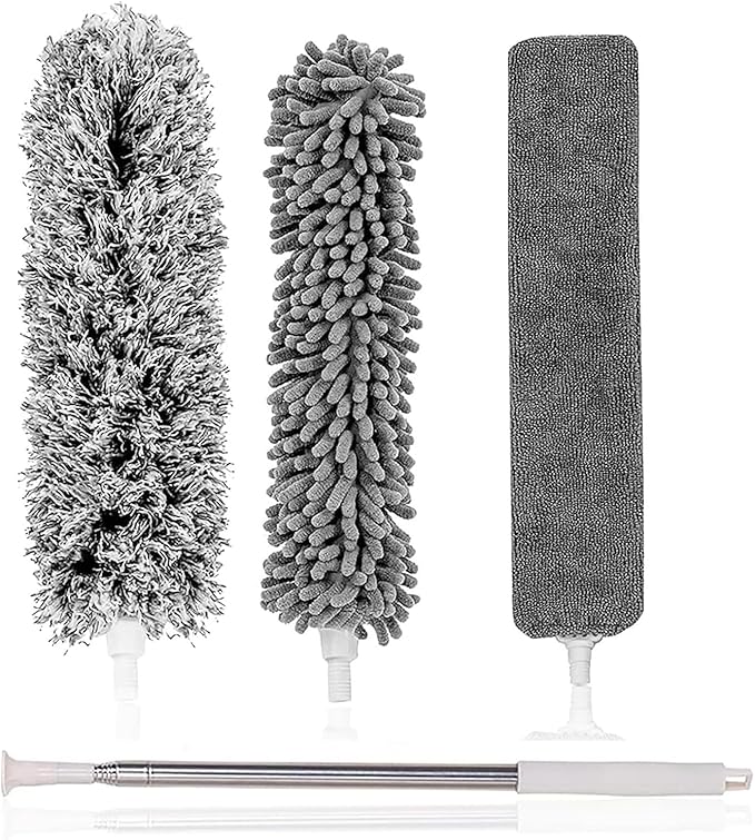 100-Inch Extendable Microfiber Duster Set, Flexible Feather Duster for High Ceiling, Ceiling Fan, Blinds, Car Detailing & Delicate Furniture, Washable & Reusable