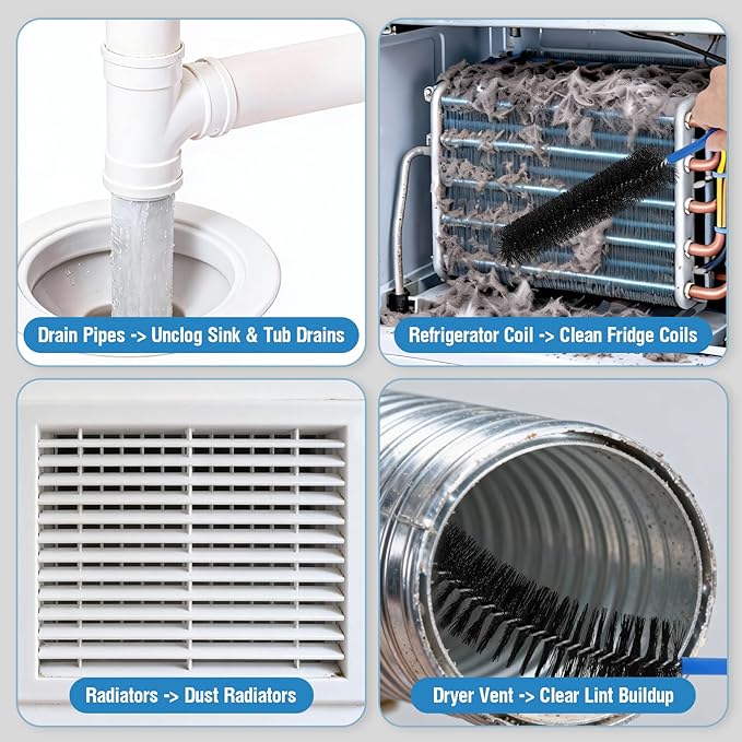 3PCS Drain Brush Set with Refrigerator Coil Cleaning Brush, Multi-Use Drain Cleaning Brush Kit for Kitchen Sink, Bathroom Drains, Dryer Vent & Pipe Clog Removal