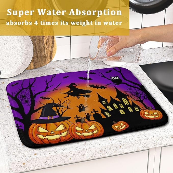 Happy Halloween Pumpkin Dish Drying Mat for Kitchen Counter,Witch Ghost Castle Bat Purple Drying Mat 16 x 18 Inch with High Absorbent Microfiber Drainer Mat for Coffee Bar