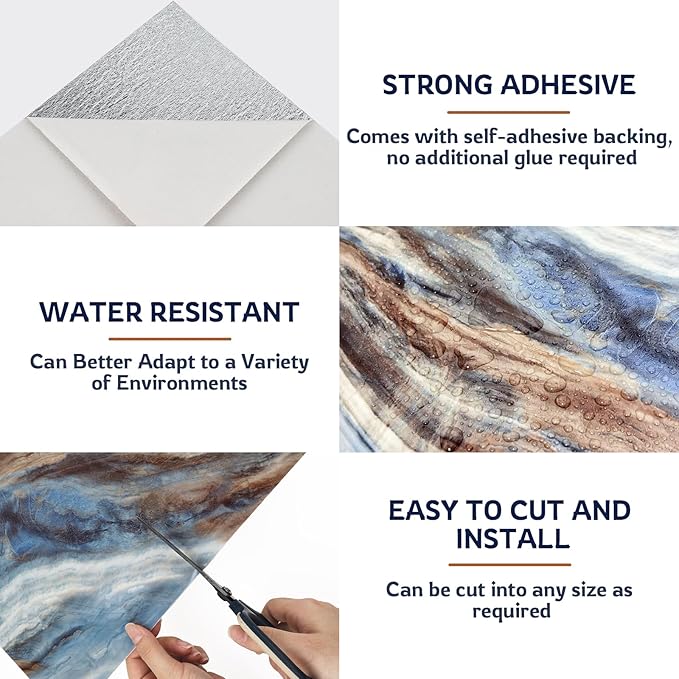 Marble Peel and Stick Backsplash Tile, 11.8" x 11.8" Self-Adhesive Waterproof Wall Panels for Kitchen, Bathroom, Living Room, 30-Pack (Not Real Tile)