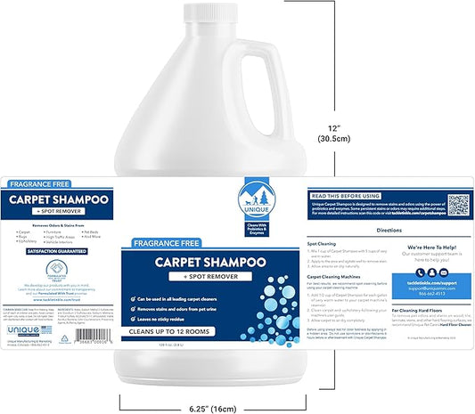 Unique Carpet Shampoo & Stain Remover, 128 oz - Pet Odor Eliminator and Bacteria and Enzyme Cleaner for Cat Urine, Dog Urine, Red Wine, Old Stains - Carpet Cleaner Spray for Machines & Manual Use