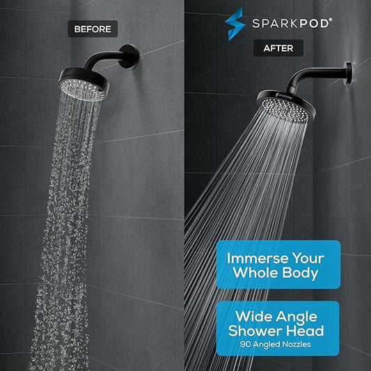 SparkPod Shower Head - High Pressure Rain - Premium Quality Luxury Design - Easy Clean Adjustable Replacement for Your Bathroom Shower Heads (Midnight Black Matte, 6 Inch Round)