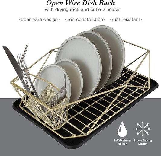 Kitchen Details Geode Deluxe Dish Drying Rack with Drain Board | Cutlery Basket | Utensil Holder | Iron Frame | Satin Gold