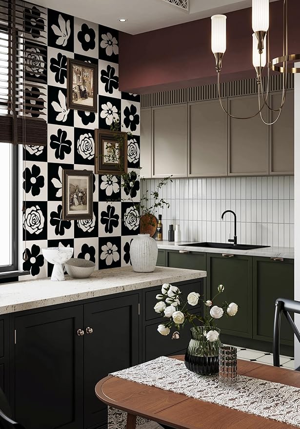 Dimoon 17.3''x78.7'' Peel and Stick Wallpaper Black White Floral Contact Paper Geometric Retro Vintage Thickening Embossed Cream Flower Renter Friendly Wall Paper Boho Aztec Bedroom Vinyl Wrap Roll