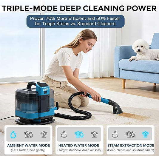 HAUSMEISTER Portable Carpet Spot Cleaner with Steam, 1600W Upholstery Cleaner Machine, 12KPa Strong Suction, Cold/Hot/Steam Modes, Self-Cleaning, for Couch, Car Seats & Rugs