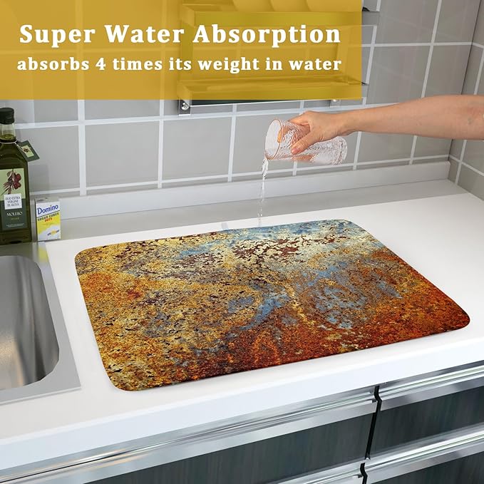 Brown Rust Colorful Metal Rusty Steel Iron Dish Drying Pad 18 x 24 Inch With Absorbent Reversible Microfiber Modern Abstract Drying Mats Dish Drainer Mat Fast Dry For Kitchen Dining Room Decor