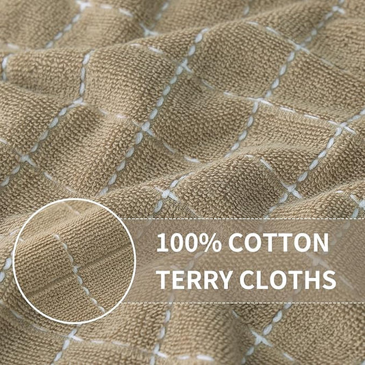 Homaxy 100% Cotton Terry Kitchen Towels(Tan, 13 x 28 inches), Checkered Designed, Soft and Super Absorbent Dish Towels, 8 Pack