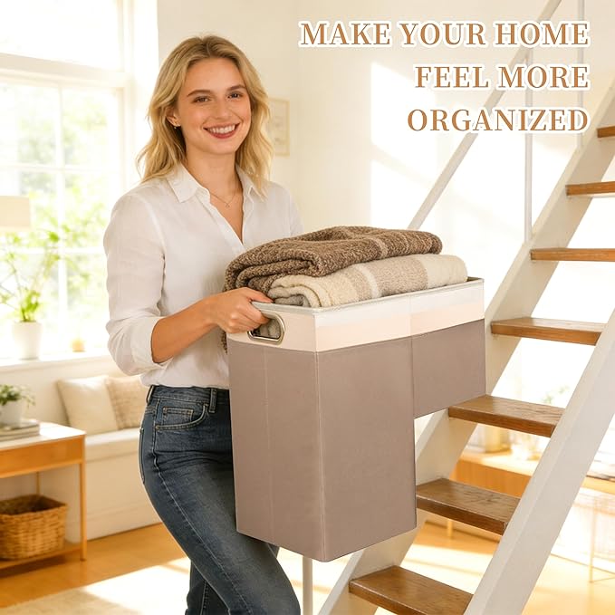 Stair Basket with Lid – Modern Storage Basket for Carpeted Stairs & Wooden Staircase, Built-in Handles, Oxford Cloth with PP Board, Organizer for Laundry, Shoes, Step Shelf, Hamper